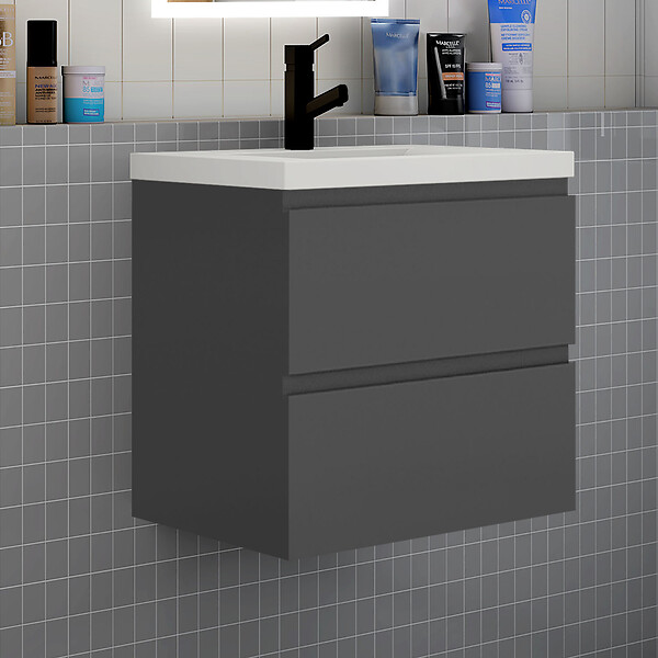 AICA SANITAIRE - Ensemble meuble anthracite et vasque L.60cm 2 tiroirs + colonne*2 haut + lavabo + miroir 80x60cm-suspendu - large