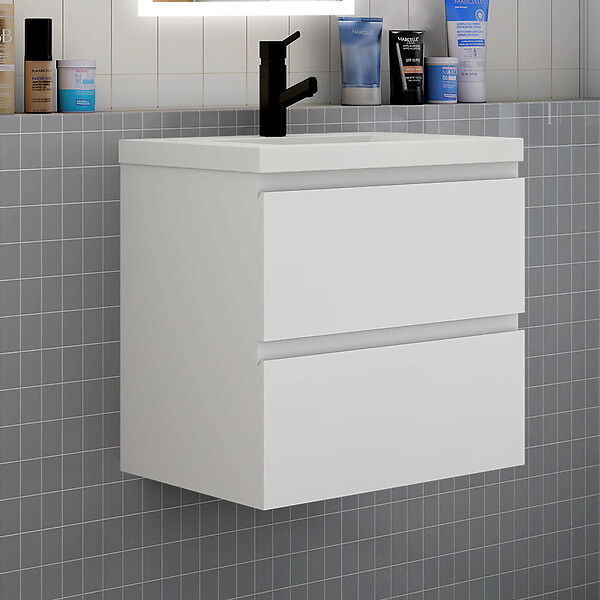 AICA SANITAIRE - Meuble de salle de bain à 2 tiroirs avec lavabo et miroir rond multifonctionnel LED - blanc L.60cm suspendu - large