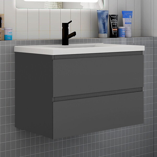 AICA SANITAIRE - Meuble de salle de bain à deux tiroirs avec lavabo et miroir LED antibuée - anthracite L.80cm suspendu - large