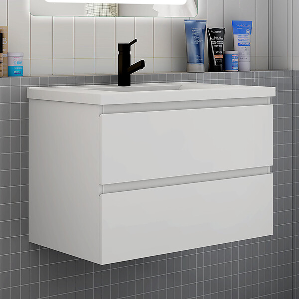 AICA SANITAIRE - Ensemble meuble de salle de bain et lavabo blanc (L.80cm) 2 tiroirs + meuble haut + lavabo + miroir rond LED - large