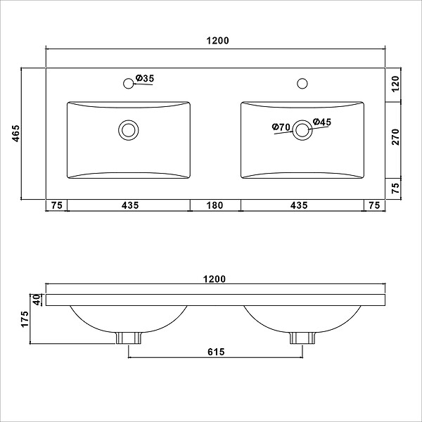 AICA SANITAIRE - Meuble de salle de bains avec double vasque anthracite, meuble suspendu avec 2 portes anthracite, 120 cm - large