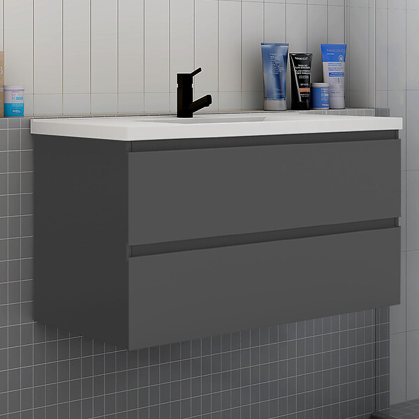 AICA SANITAIRE - Ensemble meuble de salle de bain et lavabo anthracite (L.100cm) 2 tiroirs + meuble haut + lavabo + miroir rond LED - large
