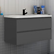 AICA SANITAIRE - Ensemble meuble de salle de bain et lavabo anthracite (L.100cm) 2 tiroirs + meuble haut + lavabo + miroir rond LED - vignette