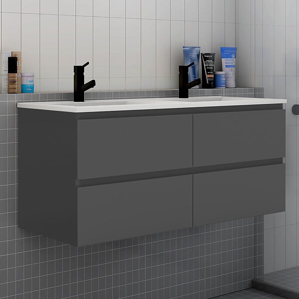 AICA SANITAIRE - Meuble de salle de bain à 4 tiroirs avec lavabo et miroir rond multifonctionnel LED*2 - anthracite L.120cm suspendu - large