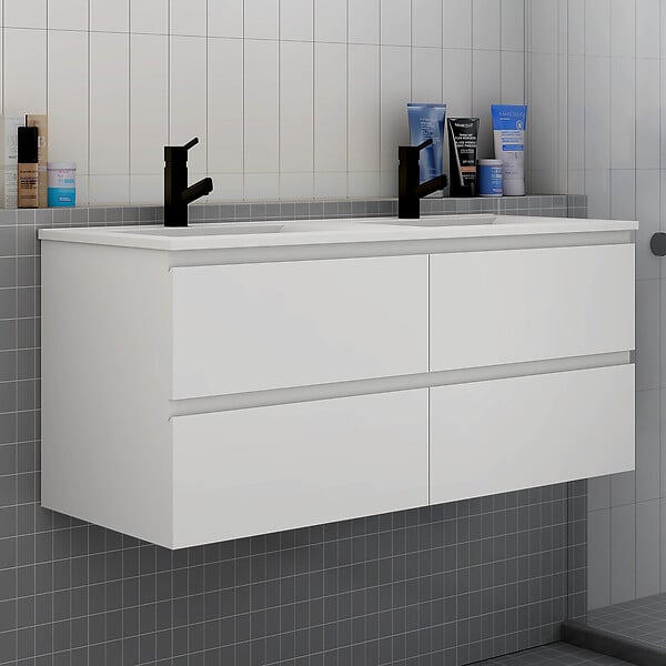 AICA SANITAIRE - Ensemble meuble blanc et vasque L.120cm 4 tiroirs + colonne*2 haut + lavabo + miroir 80x60cm*2-suspendu - large