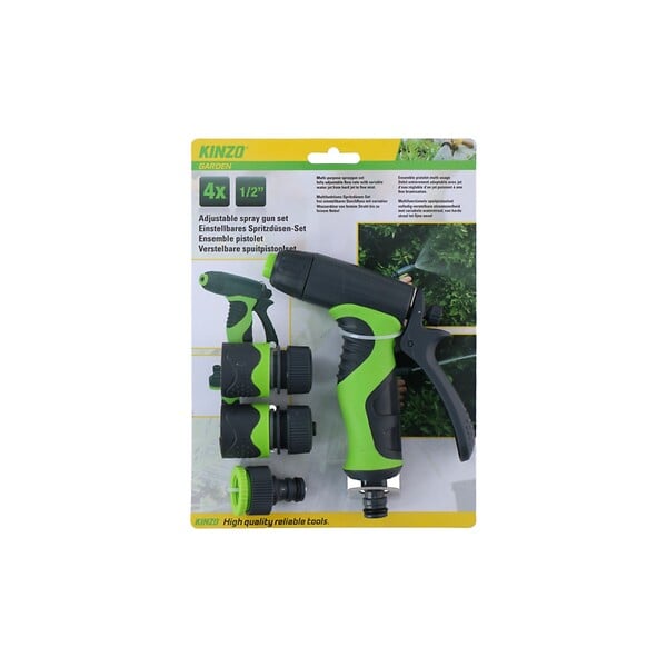 KINZO GARDEN - Kit Arrosage 4 pièces Pistolet + 3 raccords 1/2" 8 modes de pulvérisation Poignée softgrip KINZO - large