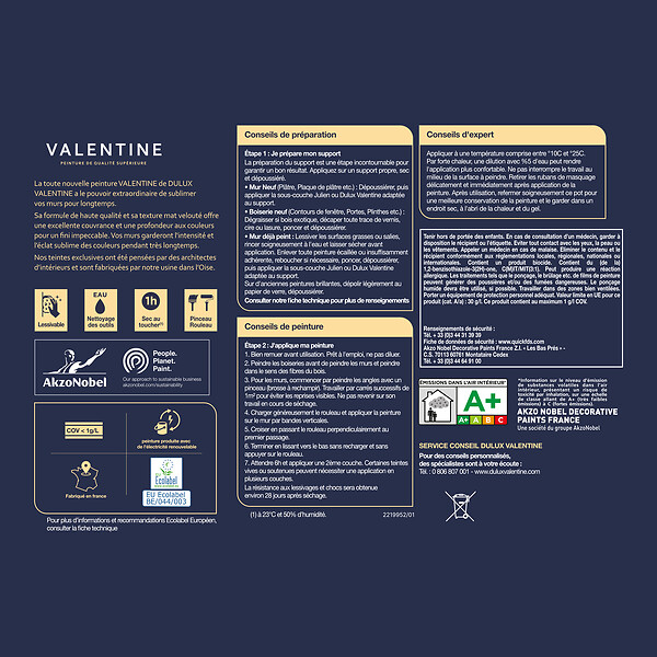 DULUX VALENTINE - Peinture murs&boiseries Valentine  Mat Velouté Tumulte Marine 0,125L - large