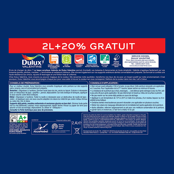 DULUX VALENTINE - Laque acrylique Valénite - Blanc - Mat - 2L+20% gratuit - large