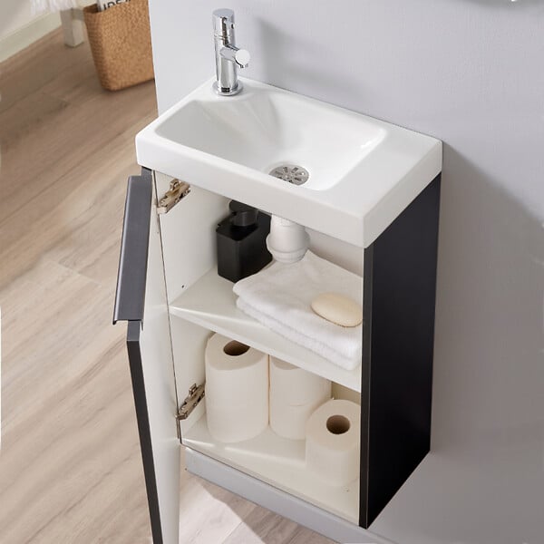 GODART - Meuble lave mains wc noir mat sans robinetterie - l.42.5 X H. 72.5 cm - pour robinetterie à gauche - Austral - large