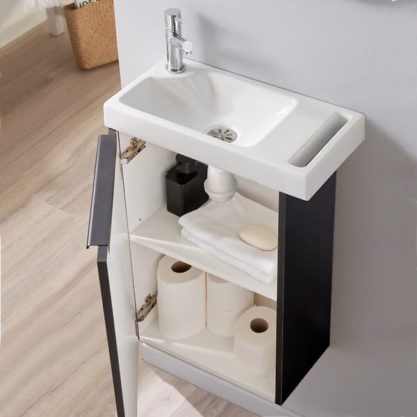 GODART - Meuble lave mains wc noir mat avec porte serviettes - l.48 X H. 72.5 cm - pour robinetterie à gauche - Austria - large