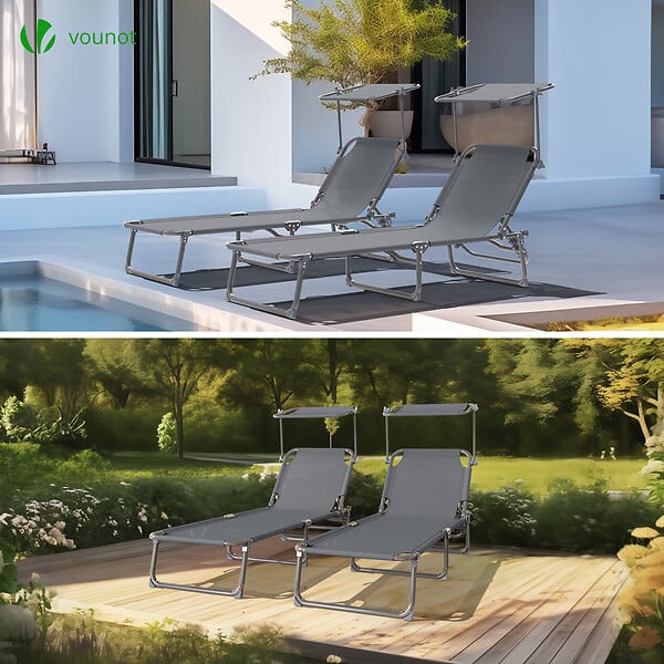 VOUNOT - Transat pare soleil Textilene et range magazine Lot de 2 pcs Gris - large