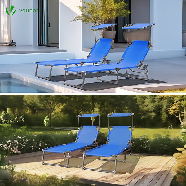 VOUNOT - Transat pare soleil Textilene et range magazine Lot de 2 pcs Bleu - large