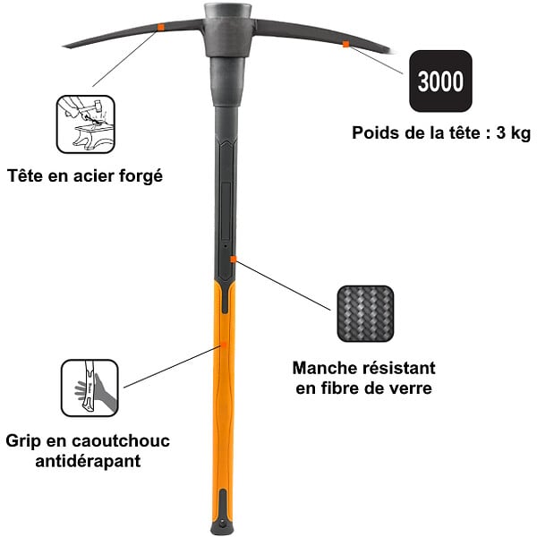 GT GARDEN - Pioche avec manche en fibre de verre - 3 kg - large