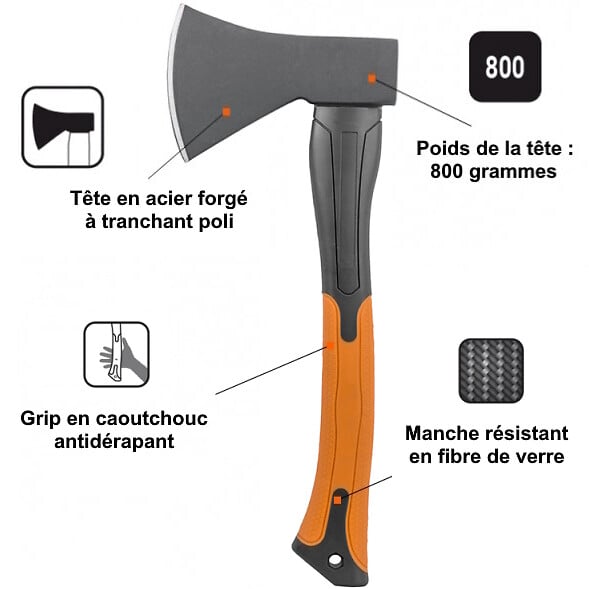 GT GARDEN - Hachette avec manche en fibre de verre - 800 grammes - large