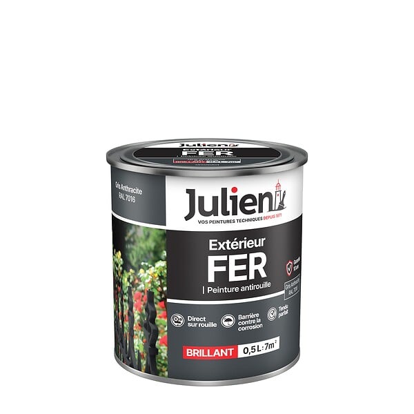 JULIEN - Peinture Extérieure Fer Antirouille Julien Brill.-Gris Anthracite 0.5L - large