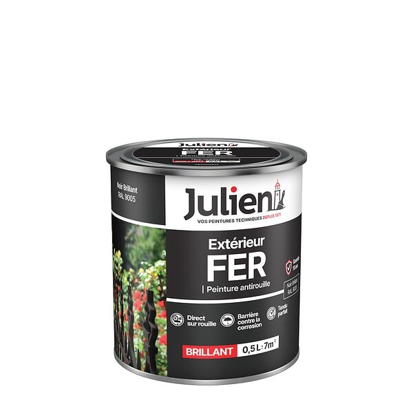 JULIEN - Peinture antirouille extérieure - Fer - Brillant Noir 0,5L - large