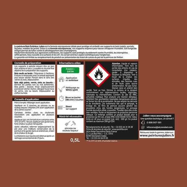 JULIEN - Peinture Extérieure Bois Microporeux Julien Satin - Brun Cuivre 0.5L - large