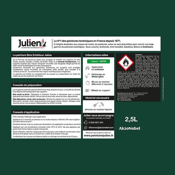 JULIEN - Peinture Extérieure Bois Microporeux Julien Satin - Vert Basque 2.5L - large