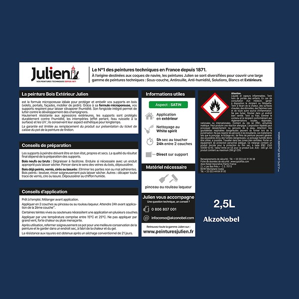 JULIEN - Peinture Extérieure Bois Microporeux Julien Satin - Bleu Cobalt 2.5L - large