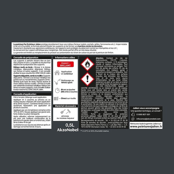 JULIEN - Peinture Extérieure Fer Antirouille Julien Brill.-Gris Anthracite 0.5L - large