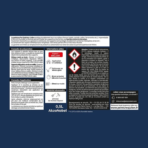 JULIEN - Peinture Extérieure Fer Antirouille Julien Brillant - Bleu Cobalt 0.5L - large