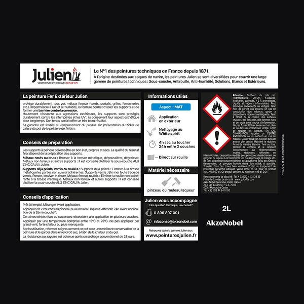 JULIEN - Peinture antirouille pour fer - Noir mat - 2 L - large