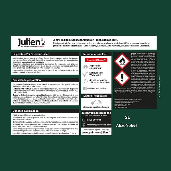 JULIEN - Peinture Extérieure Fer Antirouille Julien Brillant - Vert Basque 2L - large