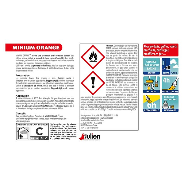JULIEN - Primaire antirouille MINIUM ORANGE MAT Orange Mat 0.5L - large
