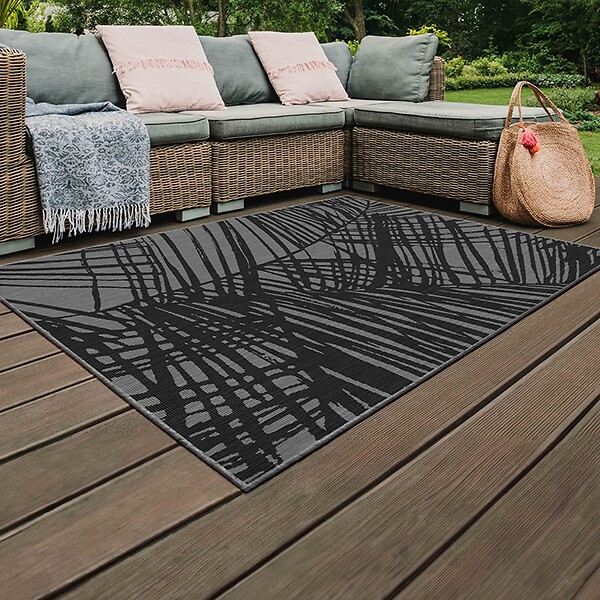 OVIALA - Tapis d'extérieur en polypropylène 120 x 170 cm noir - Palmio - large