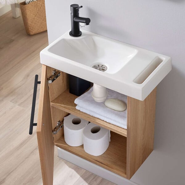 GODART - Meuble lave mains effet bois et noir avec porte serviette pour toilette - large