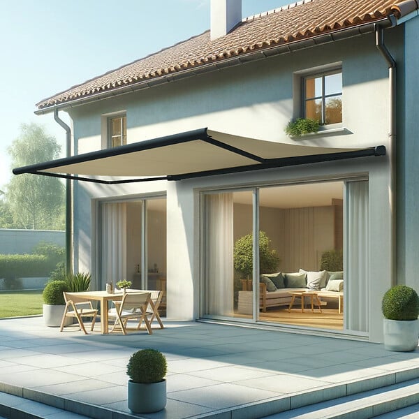 INTERSUN - Store banne coffre intégral HEVOA 5,00x3,50 M (Motorisé Secours à Télécommande + LED - Gris anthracite structuré RAL7016ST - Écru 250g/m²) - large