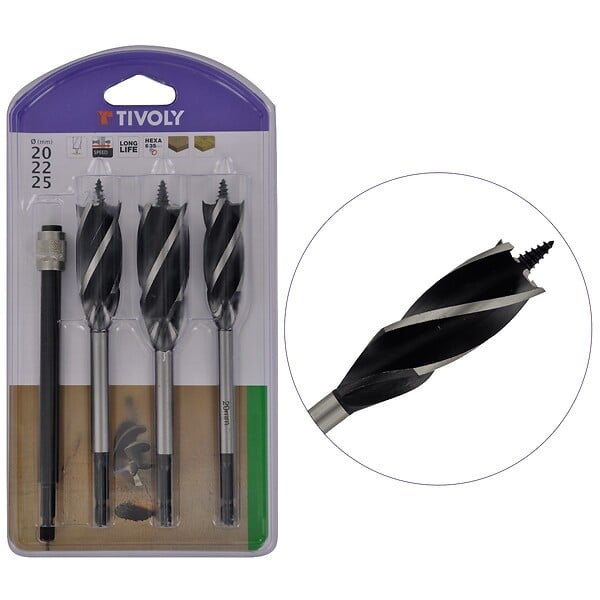 TIVOLY - Forets Bois EXPERT à 4 taillants Lot de 3 pièces Queue HEXA 6.35mm Rallonge 10 cm TIVOLY - large