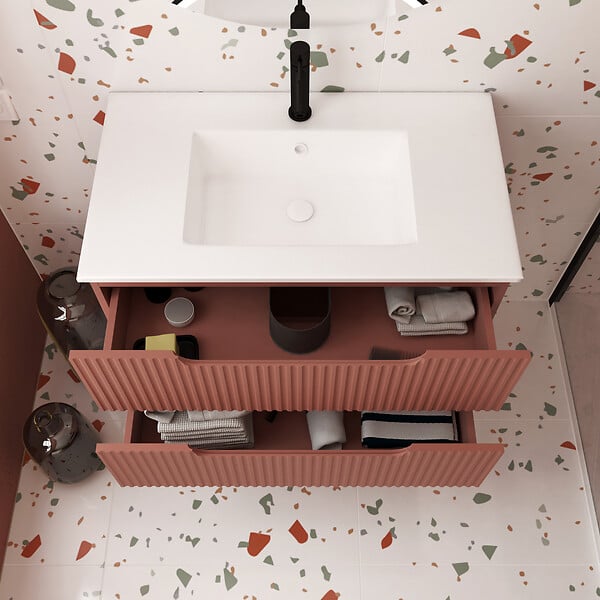AURLANE - Meuble de Salle de Bains LEON 80cm Terracotta - 2 Tiroirs en MDF Ondulés - Vasque à encastrer - large