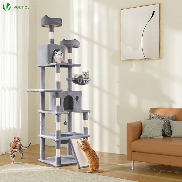 VOUNOT - Arbre a chat Geant 6 niveaux avec griffoir grattoir 215 cm gris - large