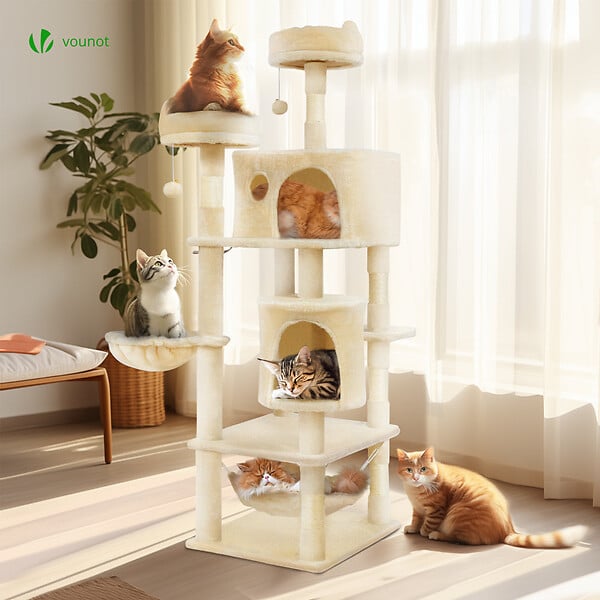 VOUNOT - Arbre a chat Grande taille 5 niveaux avec griffoir grattoir 168cm beige - large
