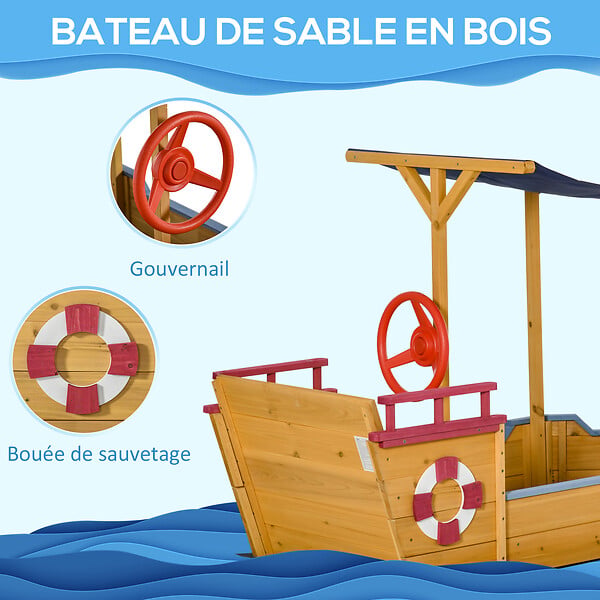 OUTSUNNY - Bac à sable bateau de pirate en bois - voile d'ombrage, coffre rangement, gouvernail - bois sapin pré-huilé - large