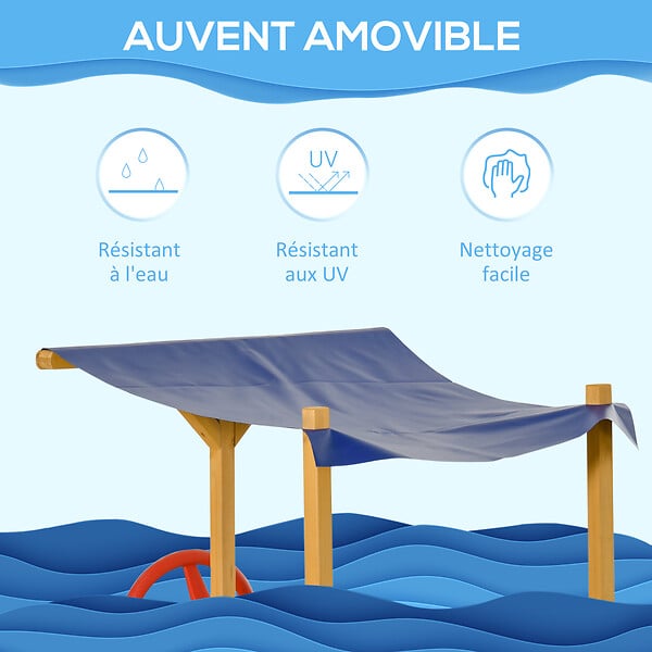 OUTSUNNY - Bac à sable bateau de pirate en bois - voile d'ombrage, coffre rangement, gouvernail - bois sapin pré-huilé - large