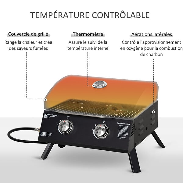 OUTSUNNY - Barbecue gaz de table transportable pieds pliables - 2 brûleurs 5 kW - barbecue gaz de camping - grille de cuisson, réceptacle graisse, thermomètre - acier noir - large