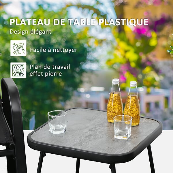 OUTSUNNY - Salon de jardin bistro 2 personnes 3 pièces - plateau effet béton ciré acier époxy textilène noir - large