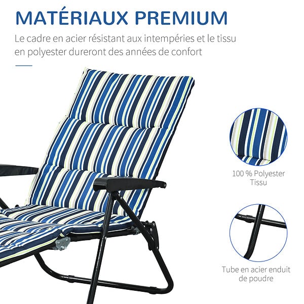 OUTSUNNY - Bain de soleil pliable transat inclinable 6 positions grand confort avec matelas + accoudoirs acier polyester multicolore - large