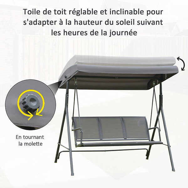 OUTSUNNY - Balancelle de jardin 3 places grand confort toit inclinaison réglable assise et dossier ergonomique acier textilène gris - large