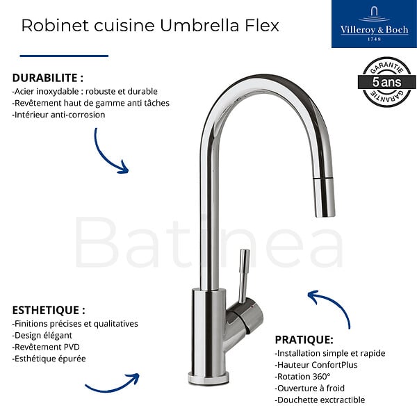 VILLEROY ET BOCH - Evier  Subway Pure 60 égouttoir à droite vidage auto + Robinet de cuisine Umbrella Flex Acier Massif - large