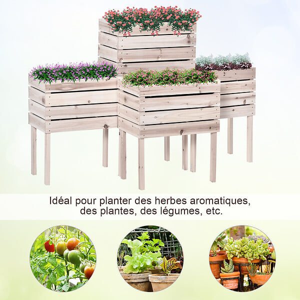 OUTSUNNY - Jardinières sur pieds carrés potagers - lot de 4 jardinières sur pied modulables - dim. 50L x 30l x 60H cm - inserts d'irrigation film protecteur - bois sapin naturel - large