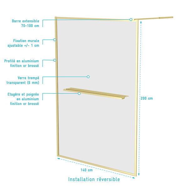 AURLANE - Paroi de Douche Or Doré Brossé 140x200cm - Porte-Serviette et Etagère - large