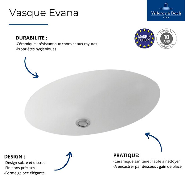 VILLEROY ET BOCH - Vasque EVANA à encastrer par dessous - Dimensions: 500 x 350 x 200 mmm - Coloris : blanc brillant - large
