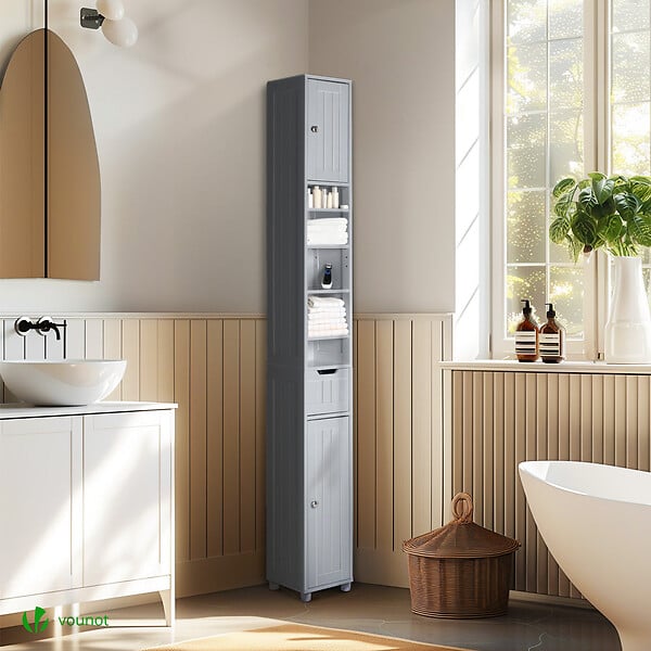 VOUNOT - Meuble rangement salle de bain Haut colonne 180x20x20cm MDF gris - large