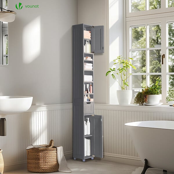 VOUNOT - Meuble rangement salle de bain Haut colonne 180x20x20cm MDF gris - large