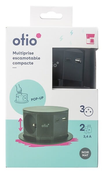 OTIO - Bloc multiprise escamotable polycarbonate Noir 100mm - large