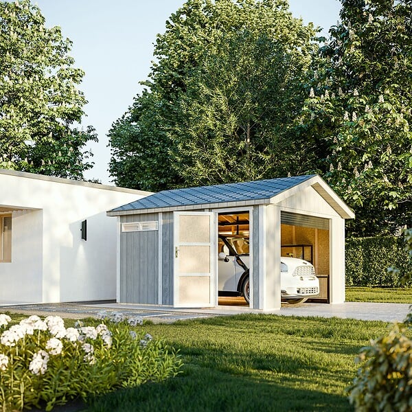 TIMBELA - Garage QUALITÉ PREMIUM 13 m² - L378xl412 cm - garage pour moto, vélos, machines de jardinage - Construction en Panneaux LP Smartside - Abri de jardin Timbela M990B - large