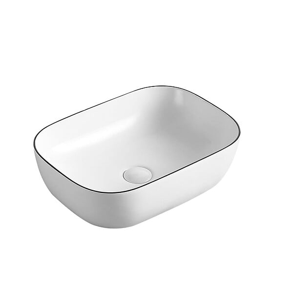 STANO - Vasque à poser rectangulaire en céramique CUARTO 3 coloris 45.5 x 32.5 cm Blanc liseré noir - large